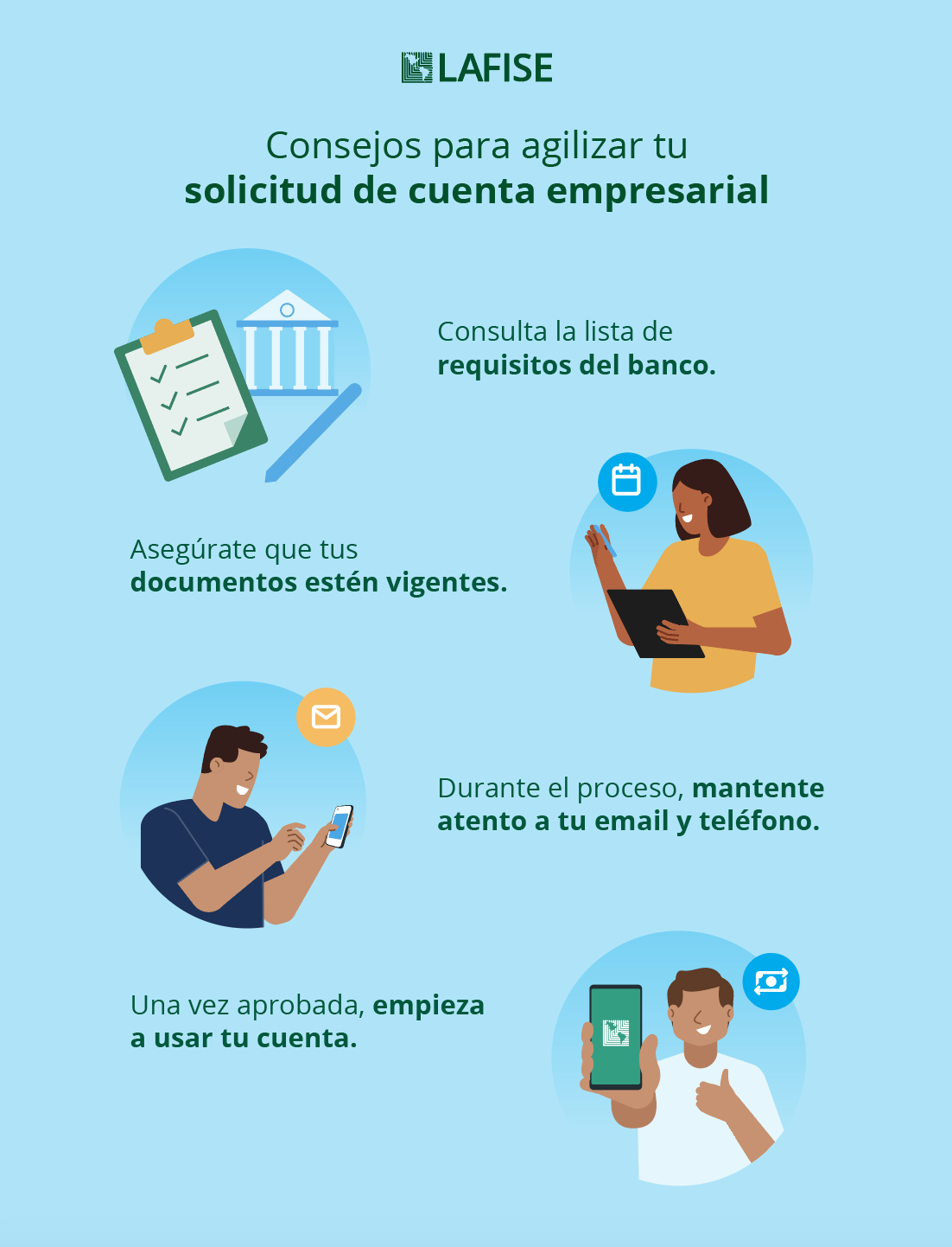 Infografía de consejos para agilizar la solicitud de cuentas para empresas, requisitos para cuenta empresarial en Nicaragua